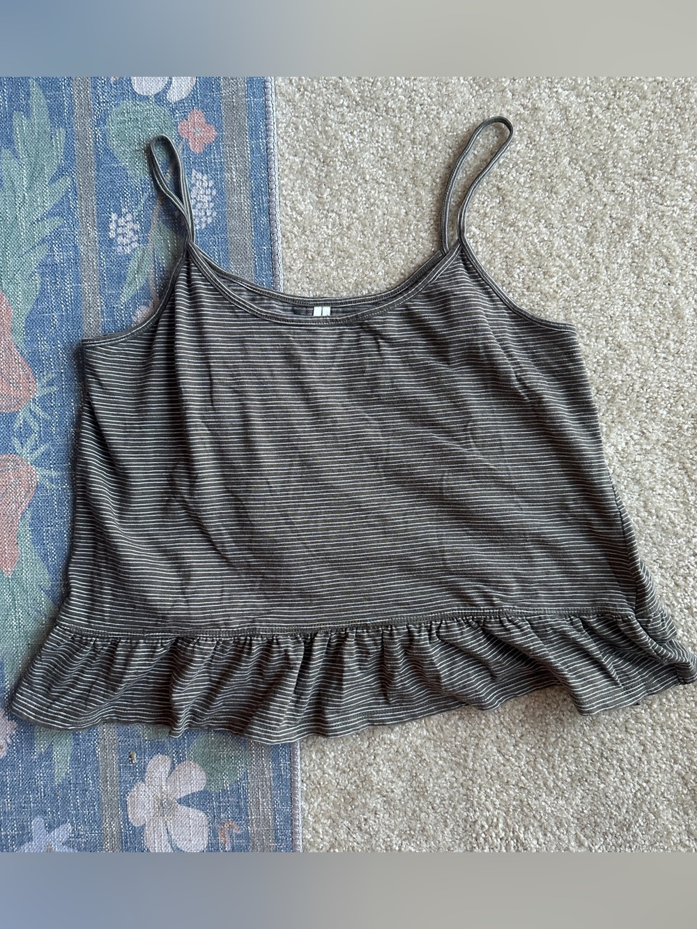 Anthropologie Striped Ruffle-Hem Cami in Green and White